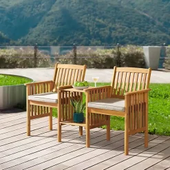 Kirklands Home Outdoor Sets|Natural Acacia Wood Ivory Cushion 3-pc. Patio Set