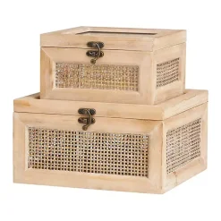 Hot Natural Rat and Glass Top Boxes, Set of 2 Baskets & Boxes