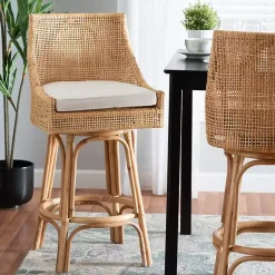 Kirklands Home Bar Stools & Counter Height Stools|Natural Rattan Bella Swivel Bar Stool White