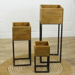 Kirklands Home Planters|Natural Wood with Metal Base Planters, Set of 3