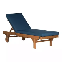Kirklands Home Outdoor Seating|Natural Wooden Chaise with Table and Navy Cushion Blue