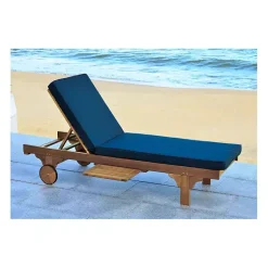 Kirklands Home Outdoor Seating|Natural Wooden Chaise with Table and Navy Cushion Blue