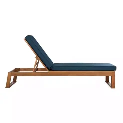 Kirklands Home Outdoor Seating|Natural Wooden Chaise with Navy Cushion Blue
