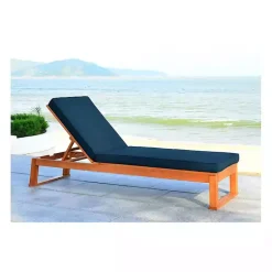 Kirklands Home Outdoor Seating|Natural Wooden Chaise with Navy Cushion Blue