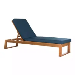 Kirklands Home Outdoor Seating|Natural Wooden Chaise with Navy Cushion Blue