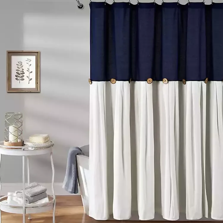 Kirklands Home Shower Curtains|Navy and White Button Accent Linen Shower Curtain Blue