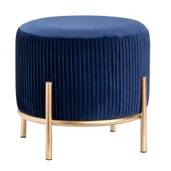 Kirklands Home Benches & Ottomans|Navy Velvet Upholstered Round Ottoman Blue
