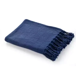 New Navy Checkered Weave Fringe Throw Blankets & Throws