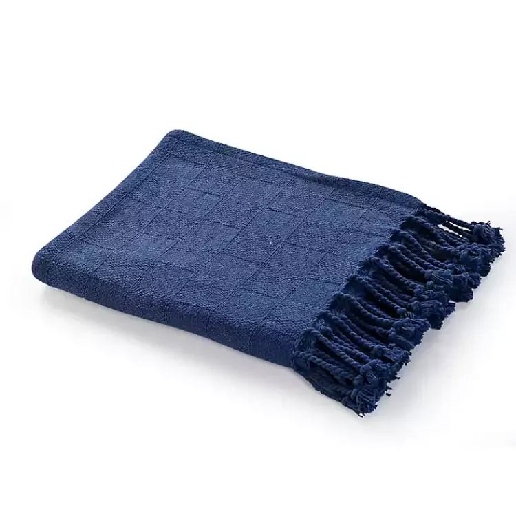 New Navy Checkered Weave Fringe Throw Blankets & Throws