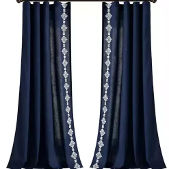 Kirklands Home Curtains & Drapes|Navy Geometric Border Curtain Panel, 84 in. Blue