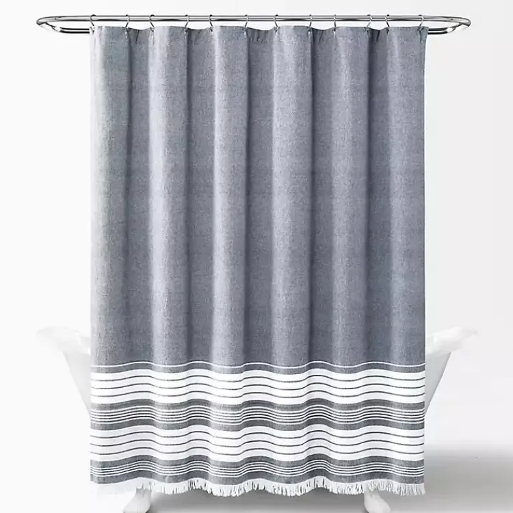 Kirklands Home Shower Curtains|Navy Nantucket Tassel Fringe Shower Curtain Blue