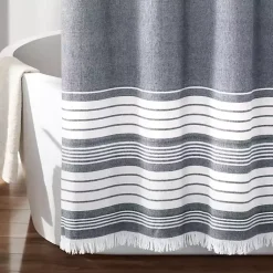 Kirklands Home Shower Curtains|Navy Nantucket Tassel Fringe Shower Curtain Blue