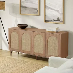 Kirklands Home Cabinets & Sideboards|Oak and Natural Rattan 4-Door Sideboard Brown