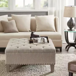 Kirklands Home Benches & Ottomans|Oatmeal Tufted Square Ottoman Tan