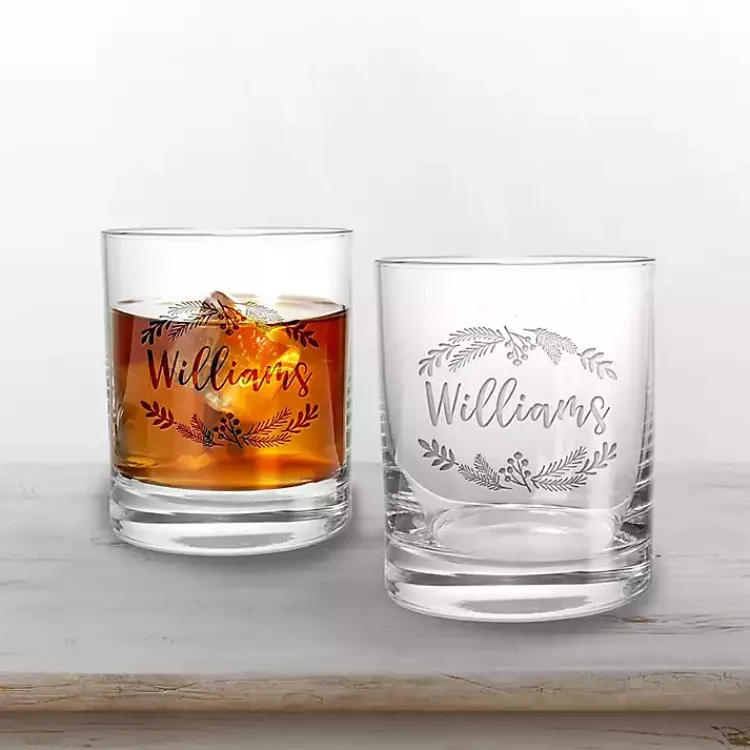 Outlet Personalized Wreath Whiskey Glasses, Set of 2 Christmas Dining & Entertaining