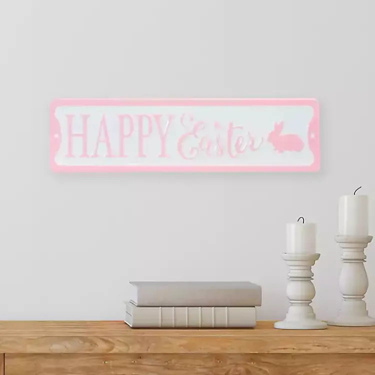 Online Pink and White Metal Happy Easter Wall Plaque Easter Decorations