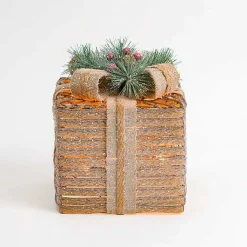 Best Pre-Lit Braided Burlap Christmas Gift Box, 8 in. Outdoor Christmas Decorations