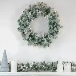 Online Pre-lit Flocked Artificial Pine Wreath Christmas Wreaths