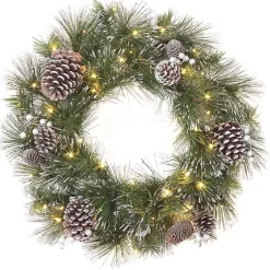 Discount Pre-lit Frosted White Berry and Pinecone Wreath Christmas Wreaths