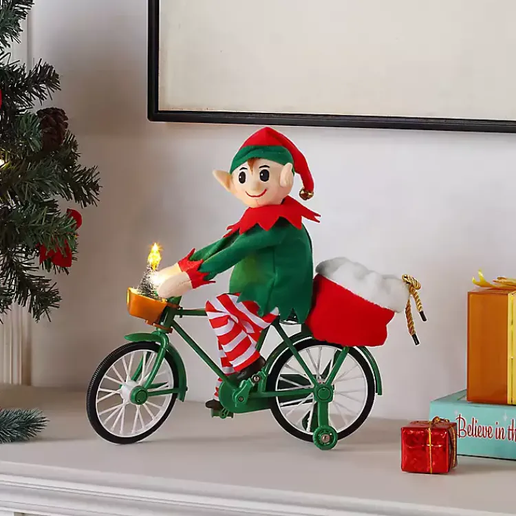 Pre-Lit Moving Christmas Elf Bicycle Figurine Christmas Decorations