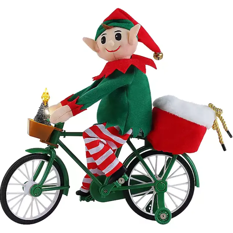 Pre-Lit Moving Christmas Elf Bicycle Figurine Christmas Decorations