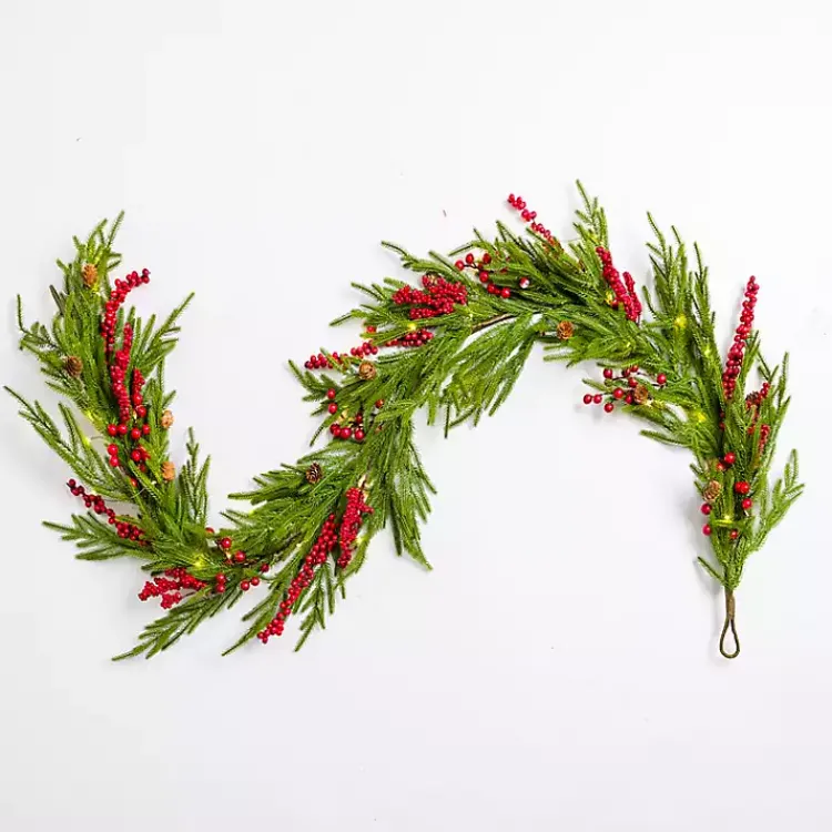 New Pre-Lit Norfolk Red Berry Garland Christmas Arrangements & Garland