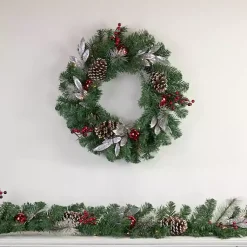 Pre-Lit Silver Leaf and Pine Wreath Christmas Wreaths