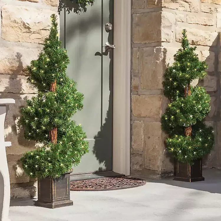 Outlet Pre-Lit Spiral Potted Pine Trees, Set of 2 Christmas Trees