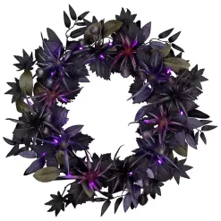 New Purple Pre-Lit Black Leaves Wreath Halloween