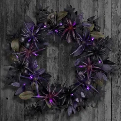 New Purple Pre-Lit Black Leaves Wreath Halloween