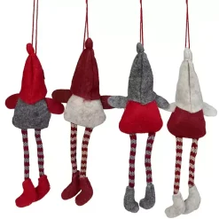 Hot Red and Gray Long Legged Gnome Ornaments, Set of 4 Christmas Ornaments