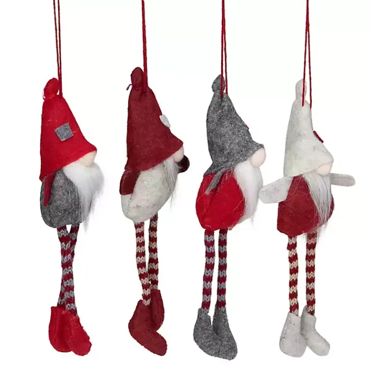 Hot Red and Gray Long Legged Gnome Ornaments, Set of 4 Christmas Ornaments