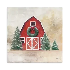 Red Barn with Wreath Canvas Art Print Christmas Art & Wall Decor