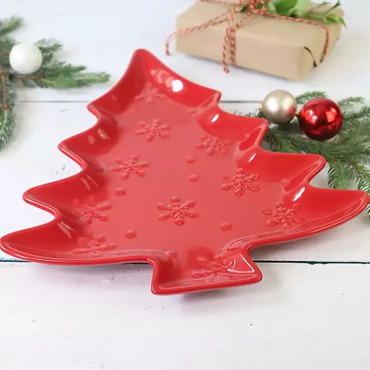 Kirklands Home Serving & Entertaining|Christmas Tree and Snowflakes Serving Platter Red