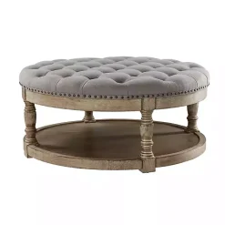 Kirklands Home Benches & Ottomans|Round Cepheus Tufted Ottoman Gray