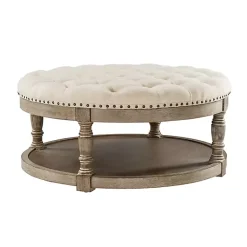 Kirklands Home Benches & Ottomans|Round Cepheus Tufted Ottoman Tan