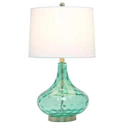 Kirklands Home Table Lamps|Seafoam Dimpled Glass Teardrop Table Lamp Blue
