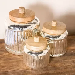 Sale Silver Glass Jars with Wooden Lids, Set of 3 Decorative Bowls & Jars