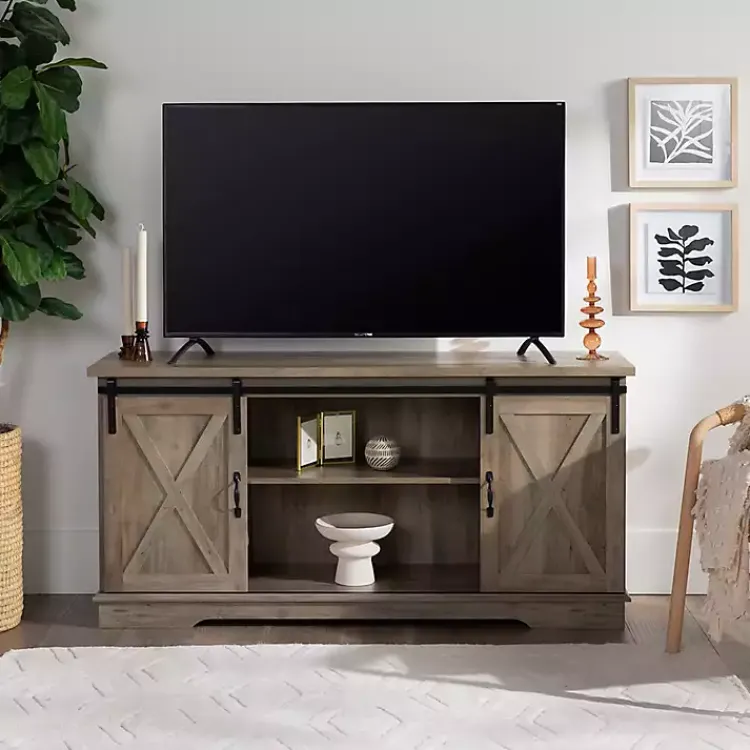 Kirklands Home Tv Stands & Media Consoles|Sliding Barn Door Open Shelf Wash TV Stand Gray