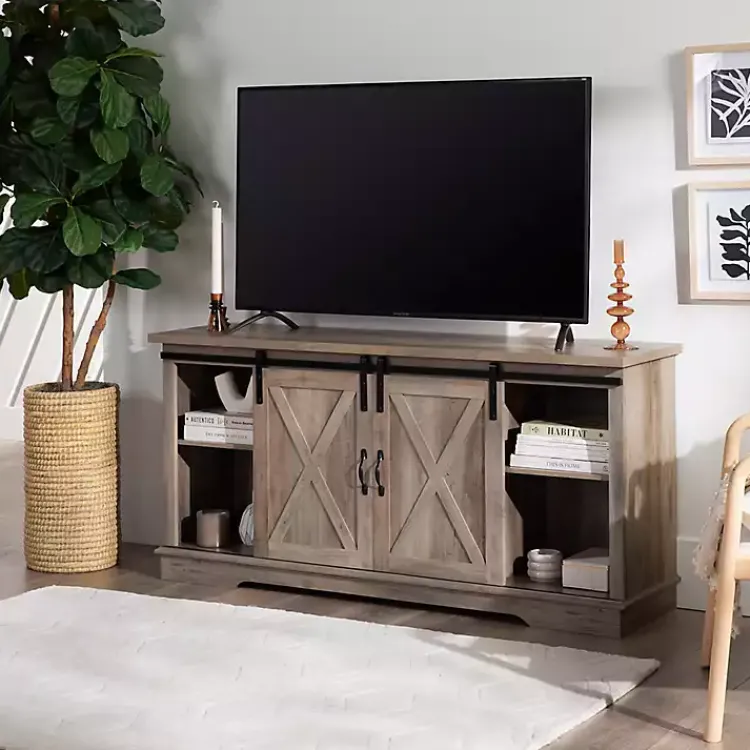 Kirklands Home Tv Stands & Media Consoles|Sliding Barn Door Open Shelf Wash TV Stand Gray