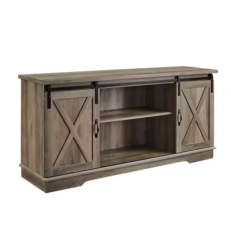 Kirklands Home Tv Stands & Media Consoles|Sliding Barn Door Open Shelf Wash TV Stand Gray