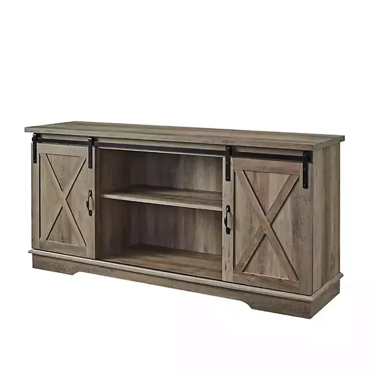 Kirklands Home Tv Stands & Media Consoles|Sliding Barn Door Open Shelf Wash TV Stand Gray