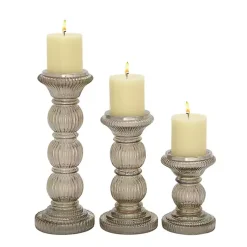 Smoke Glass Pillar Candle Holders, Set of 3 Candle Holders