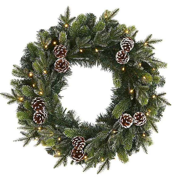 Snowy Pine Cone Clear LED Wreath Christmas Wreaths