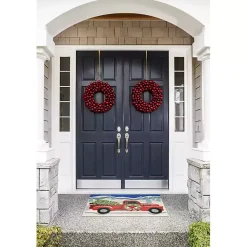 Hot Snowy Red Truck Doormat, 24x36 Outdoor Christmas Decorations