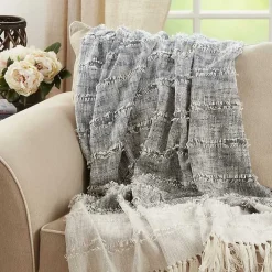 Hot Soft Blue Textured Striped Tassel Throw Blankets & Throws