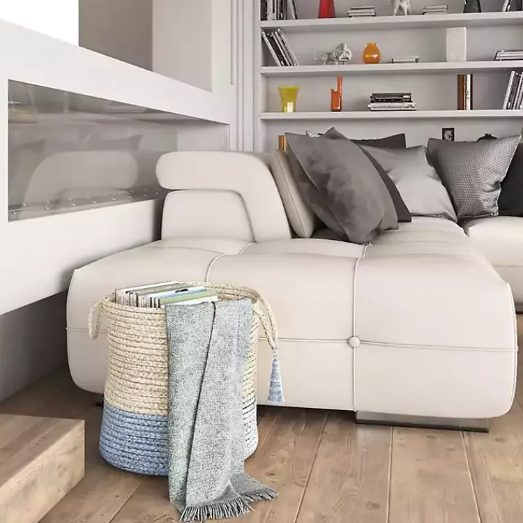 Spa Blue and White Jute Basket with Tassel, 17 in. Baskets & Boxes