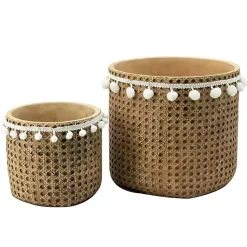 Kirklands Home Planters|Tall Woven Cement Baskets with Pom Poms, Set of 2 Brown