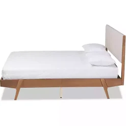Kirklands Home Beds & Headboards|Tan Upholstered Brown Wood Queen Platform Bed