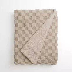 Taupe Faux Fur and Boucle Checkerboard Throw Blankets & Throws